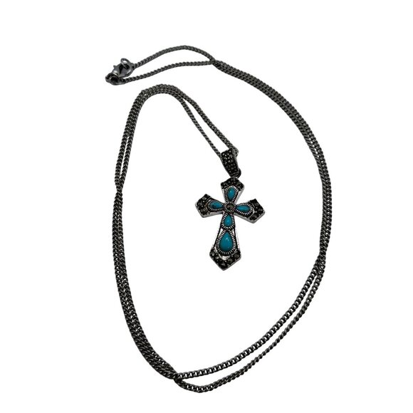 Silver tone and turquoise colored stones cross necklace - Picture 2 of 4